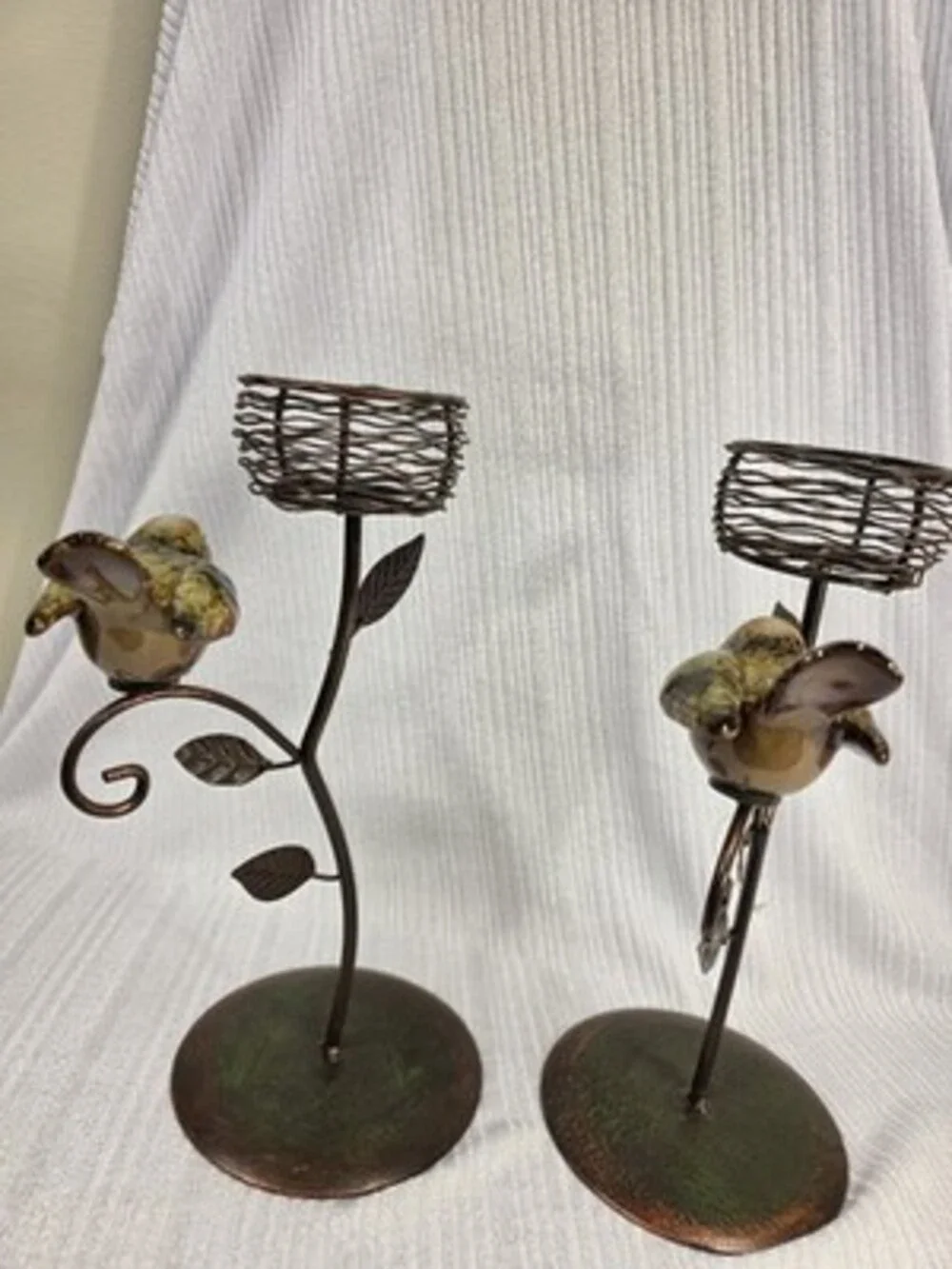 Set of 2 Metal & Glass Bird Votive Candle Holders Rustic Antique look 11in